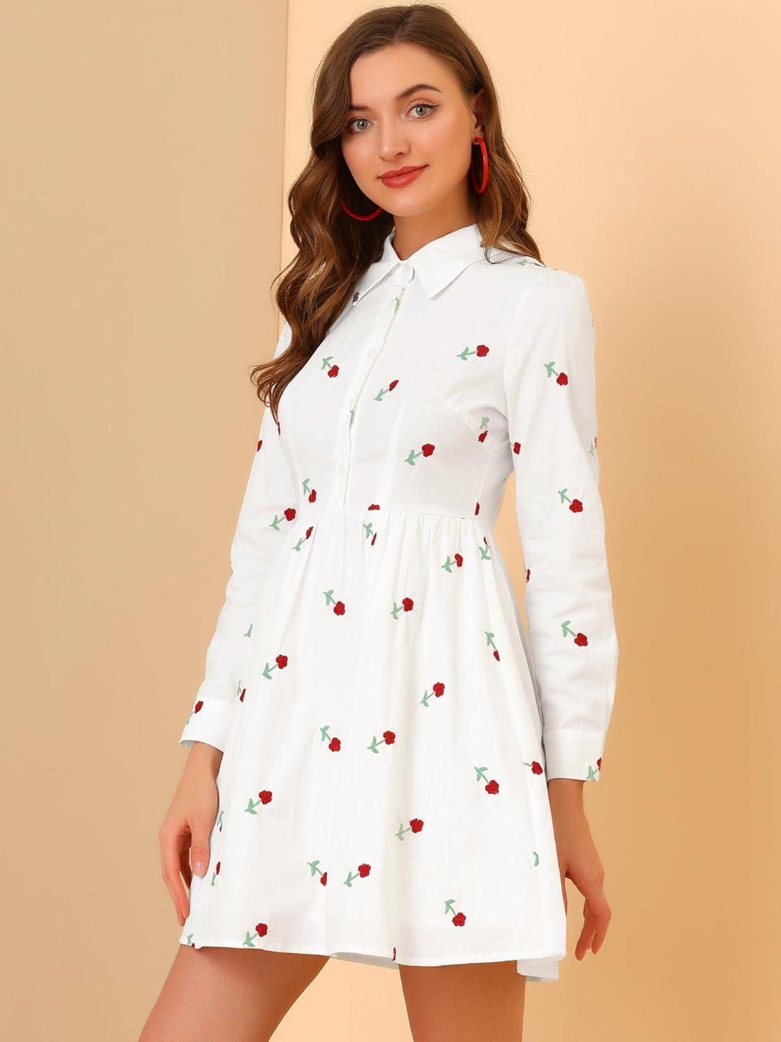 imageAllegra K Womens Casual Shirt Dress Long Sleeve Half Placket Embroidered Floral Mini DressesWhite