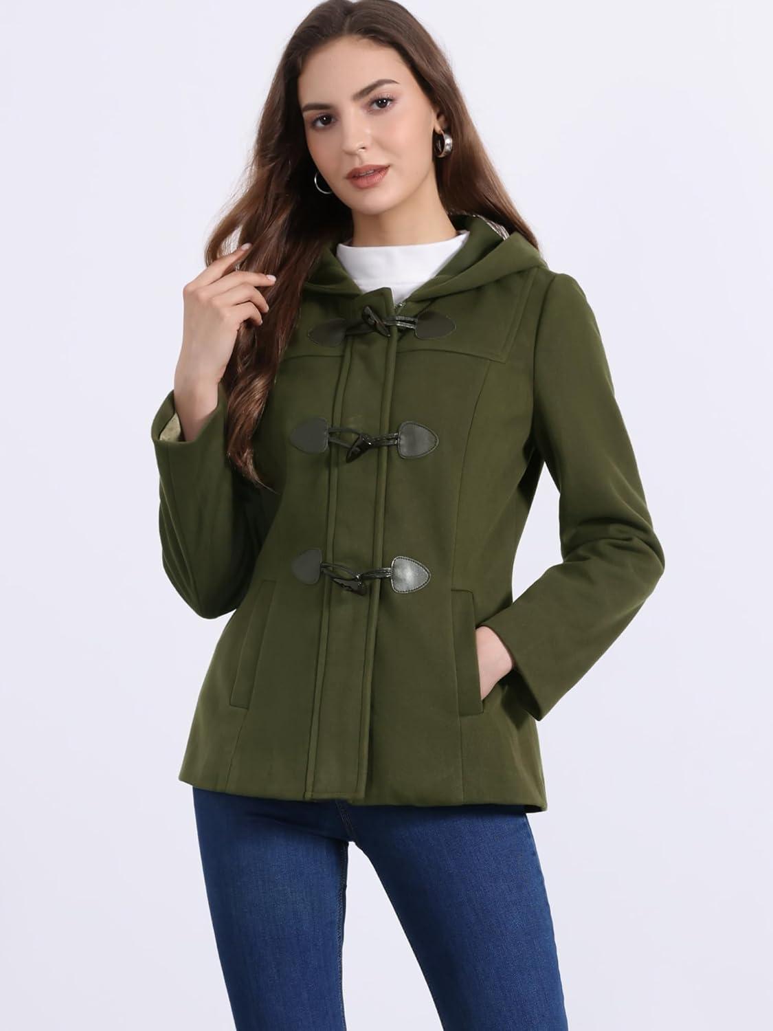 imageAllegra K Womens Casual Winter Outwear Hooded Button Peacoat Toggle Duffle CoatArmy Green