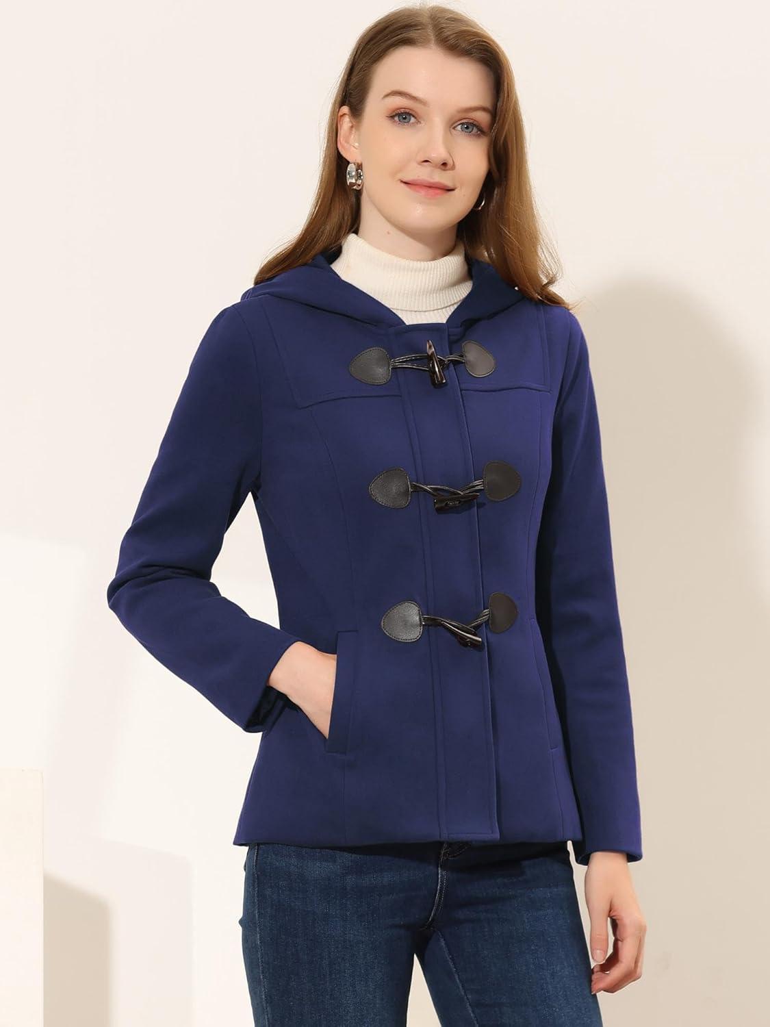 imageAllegra K Womens Casual Winter Outwear Hooded Button Peacoat Toggle Duffle CoatNavy Blue