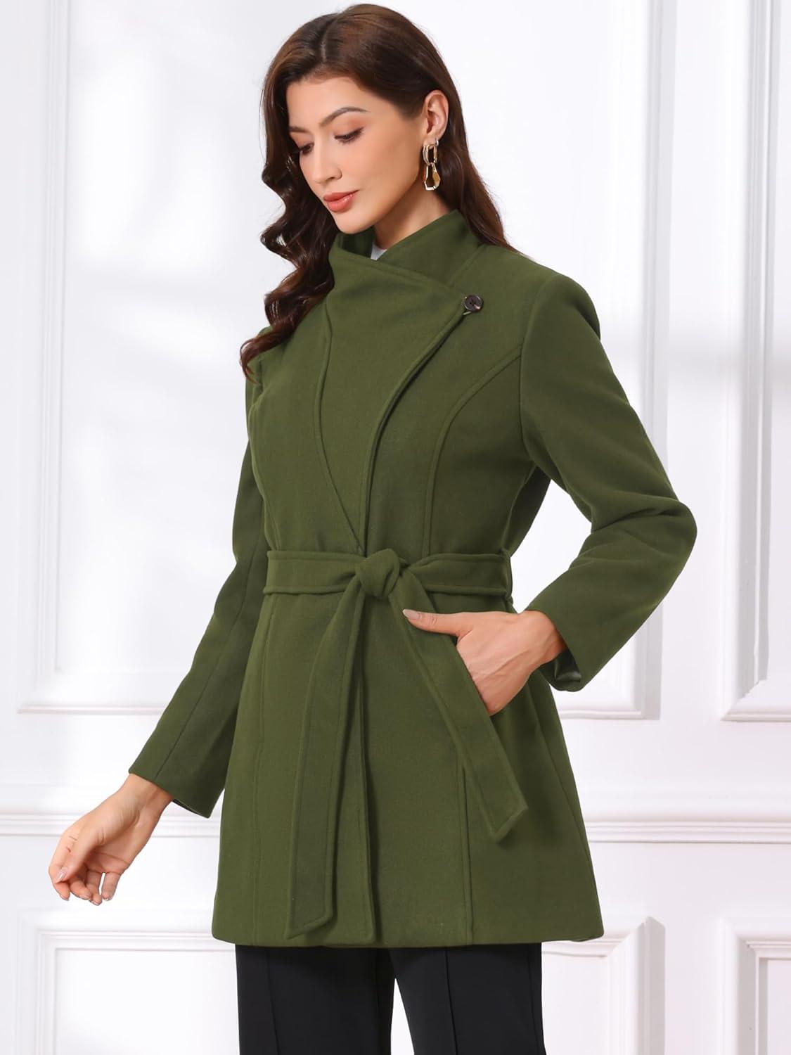 imageAllegra K Womens Classic Stand Collar Outwear Overcoat Long Sleeve Winter Belted Pea CoatArmy Green