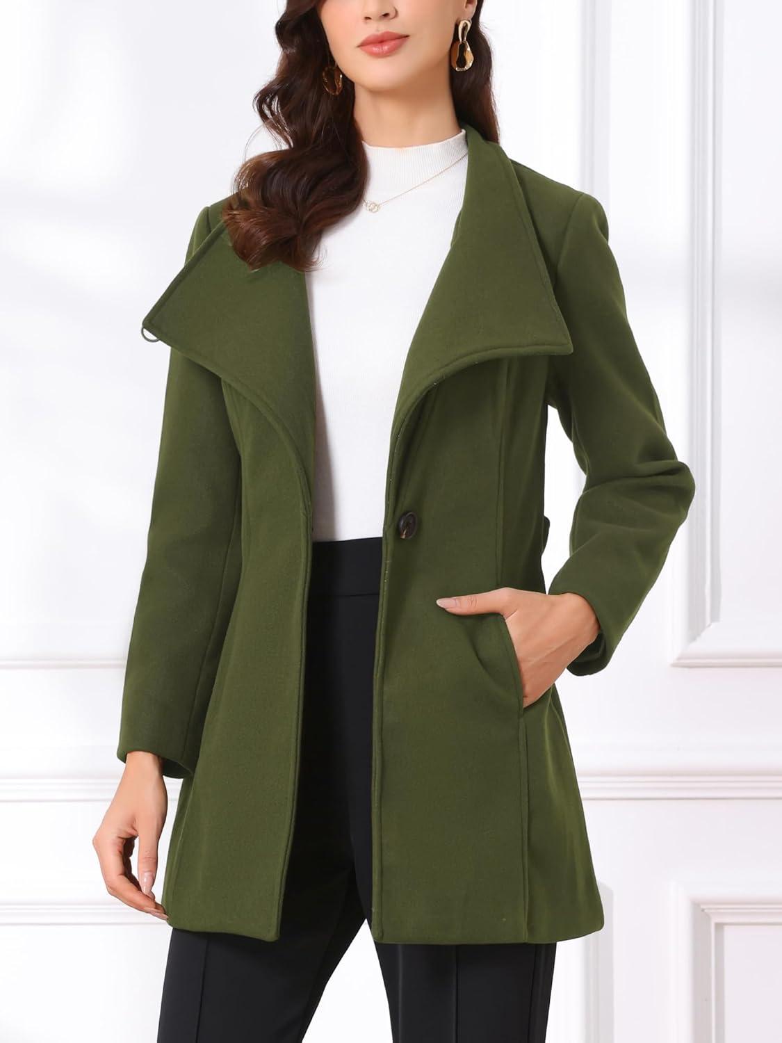 imageAllegra K Womens Classic Stand Collar Outwear Overcoat Long Sleeve Winter Belted Pea CoatArmy Green