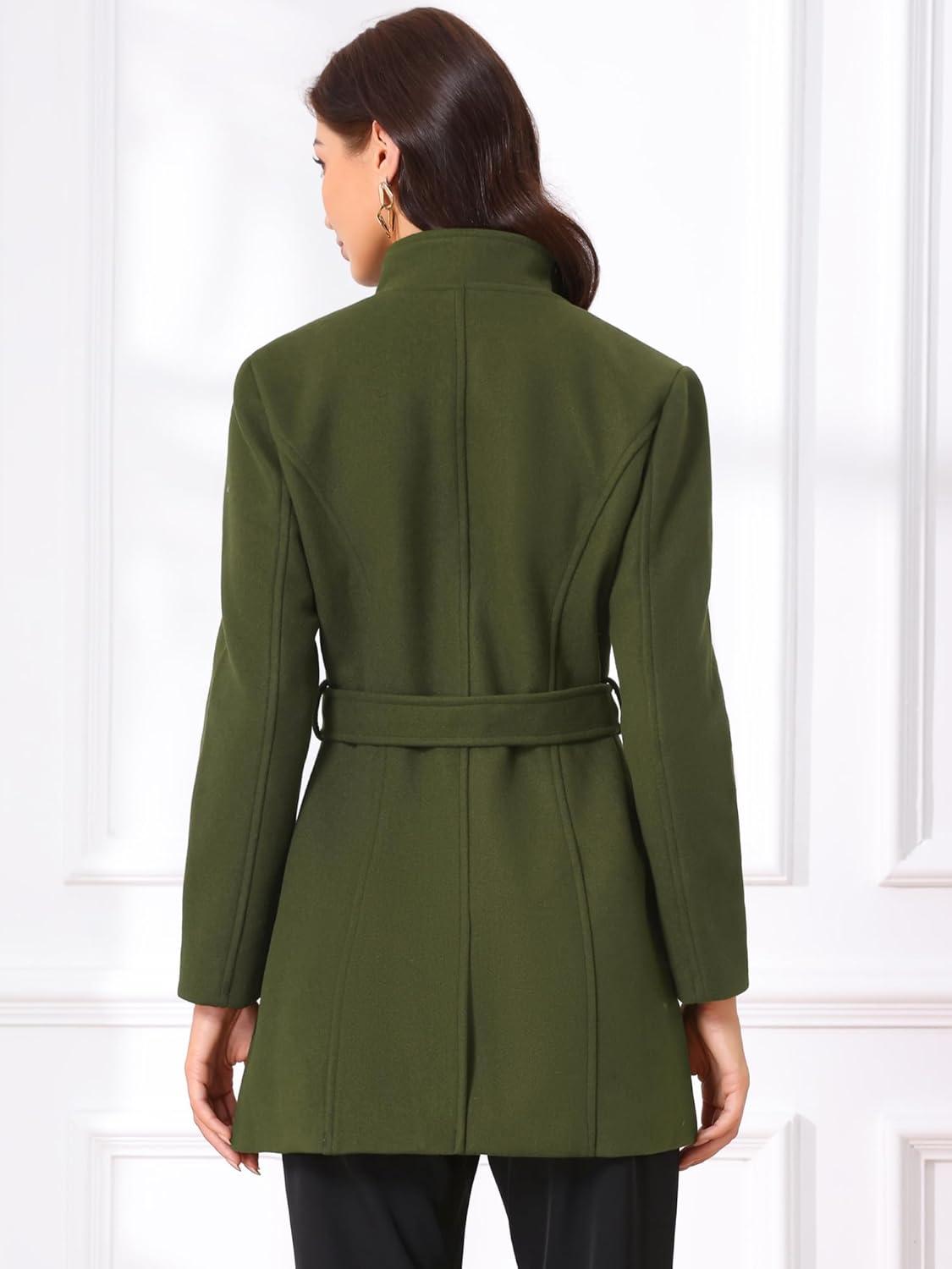 imageAllegra K Womens Classic Stand Collar Outwear Overcoat Long Sleeve Winter Belted Pea CoatArmy Green