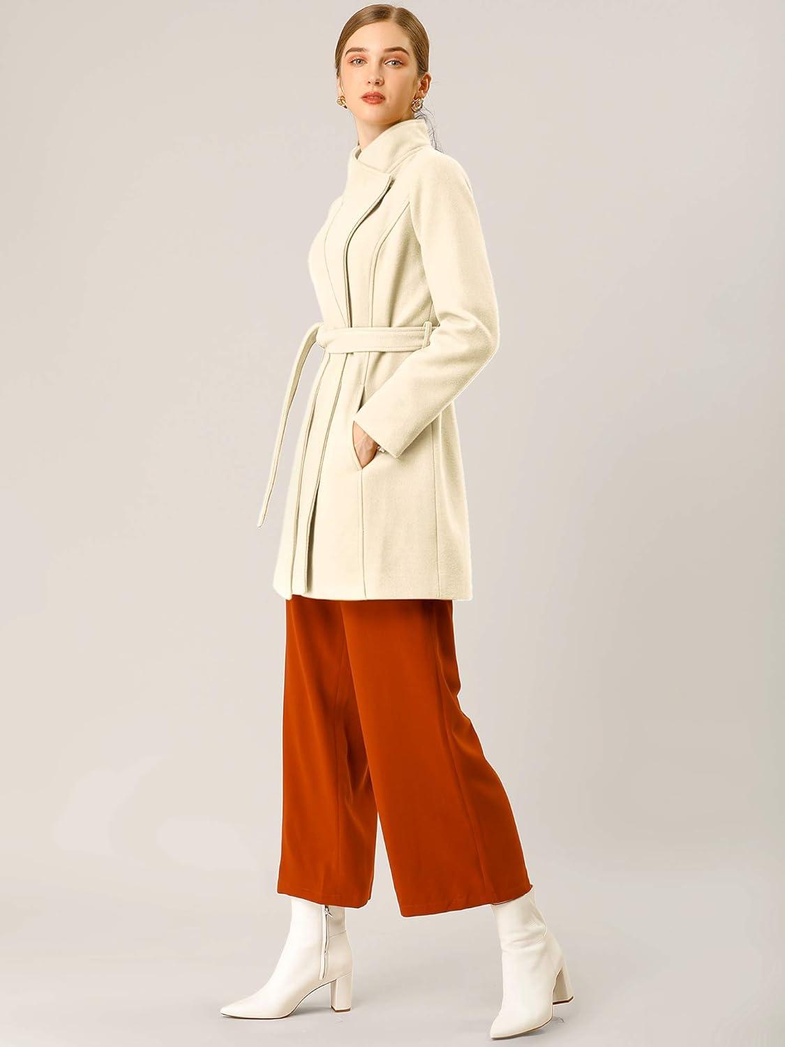 imageAllegra K Womens Classic Stand Collar Outwear Overcoat Long Sleeve Winter Belted Pea CoatBeige
