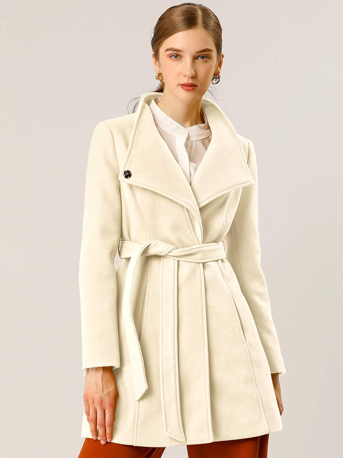 imageAllegra K Womens Classic Stand Collar Outwear Overcoat Long Sleeve Winter Belted Pea CoatBeige