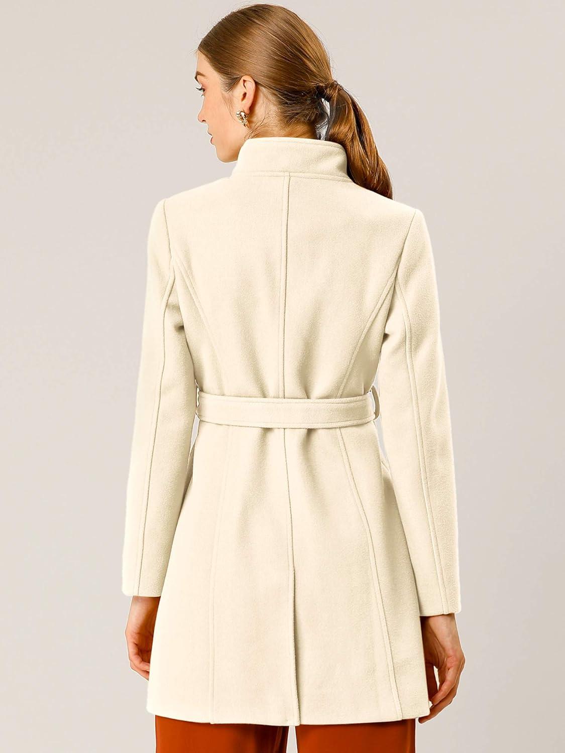 imageAllegra K Womens Classic Stand Collar Outwear Overcoat Long Sleeve Winter Belted Pea CoatBeige