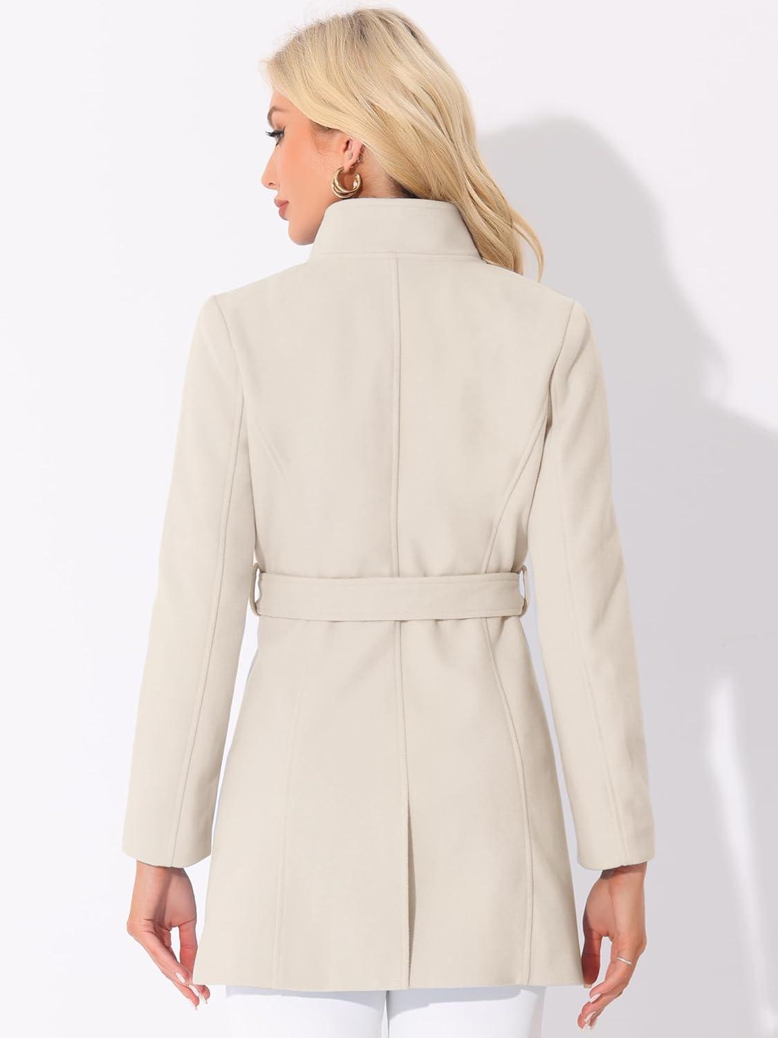 imageAllegra K Womens Classic Stand Collar Outwear Overcoat Long Sleeve Winter Belted Pea CoatBeige