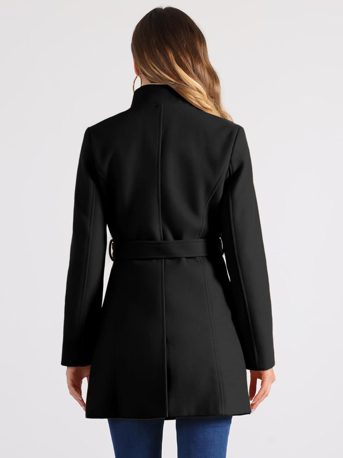 imageAllegra K Womens Classic Stand Collar Outwear Overcoat Long Sleeve Winter Belted Pea CoatBlack