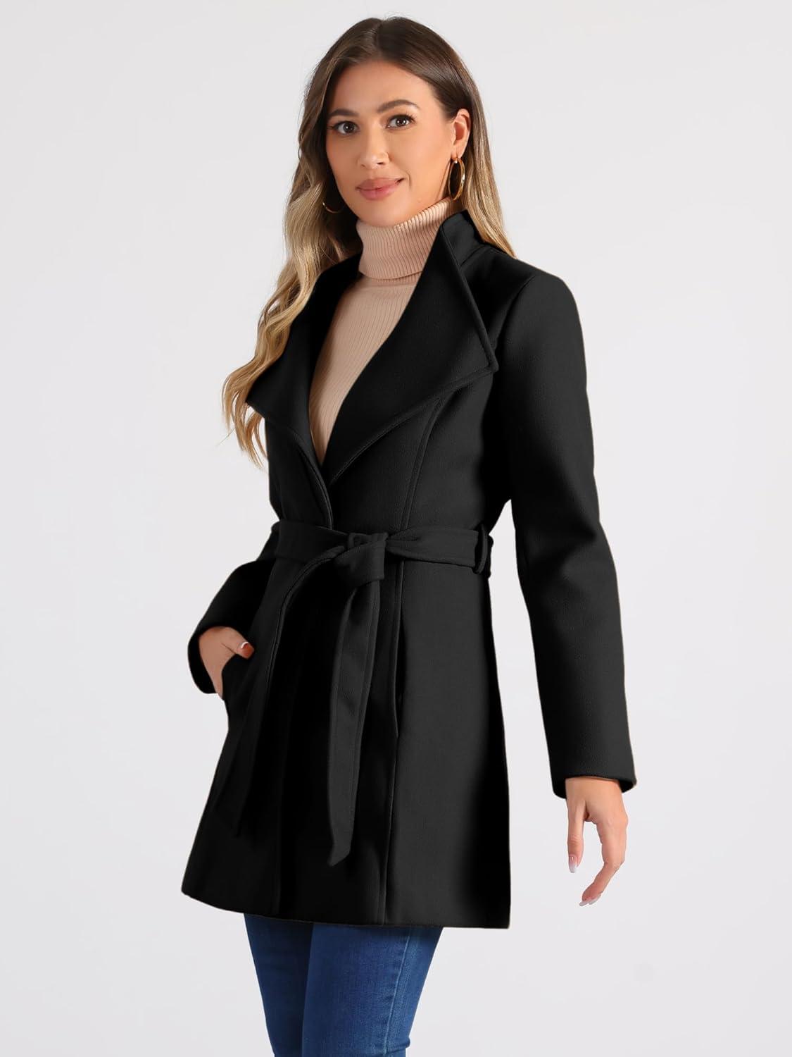 imageAllegra K Womens Classic Stand Collar Outwear Overcoat Long Sleeve Winter Belted Pea CoatBlack