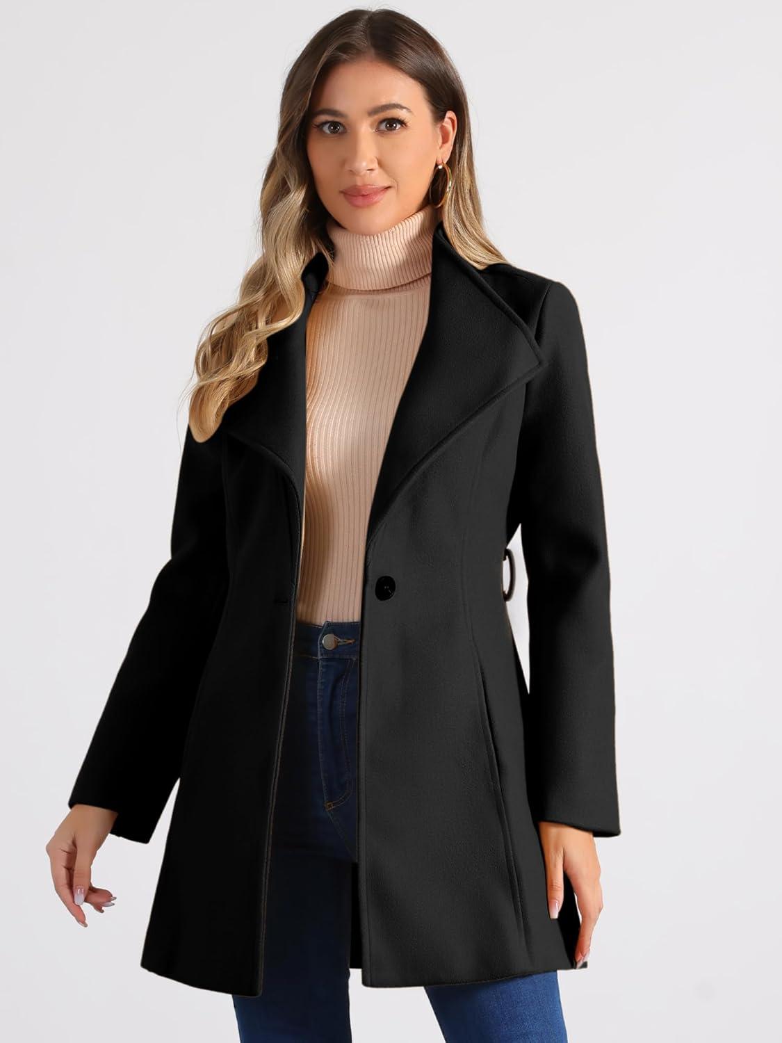 imageAllegra K Womens Classic Stand Collar Outwear Overcoat Long Sleeve Winter Belted Pea CoatBlack