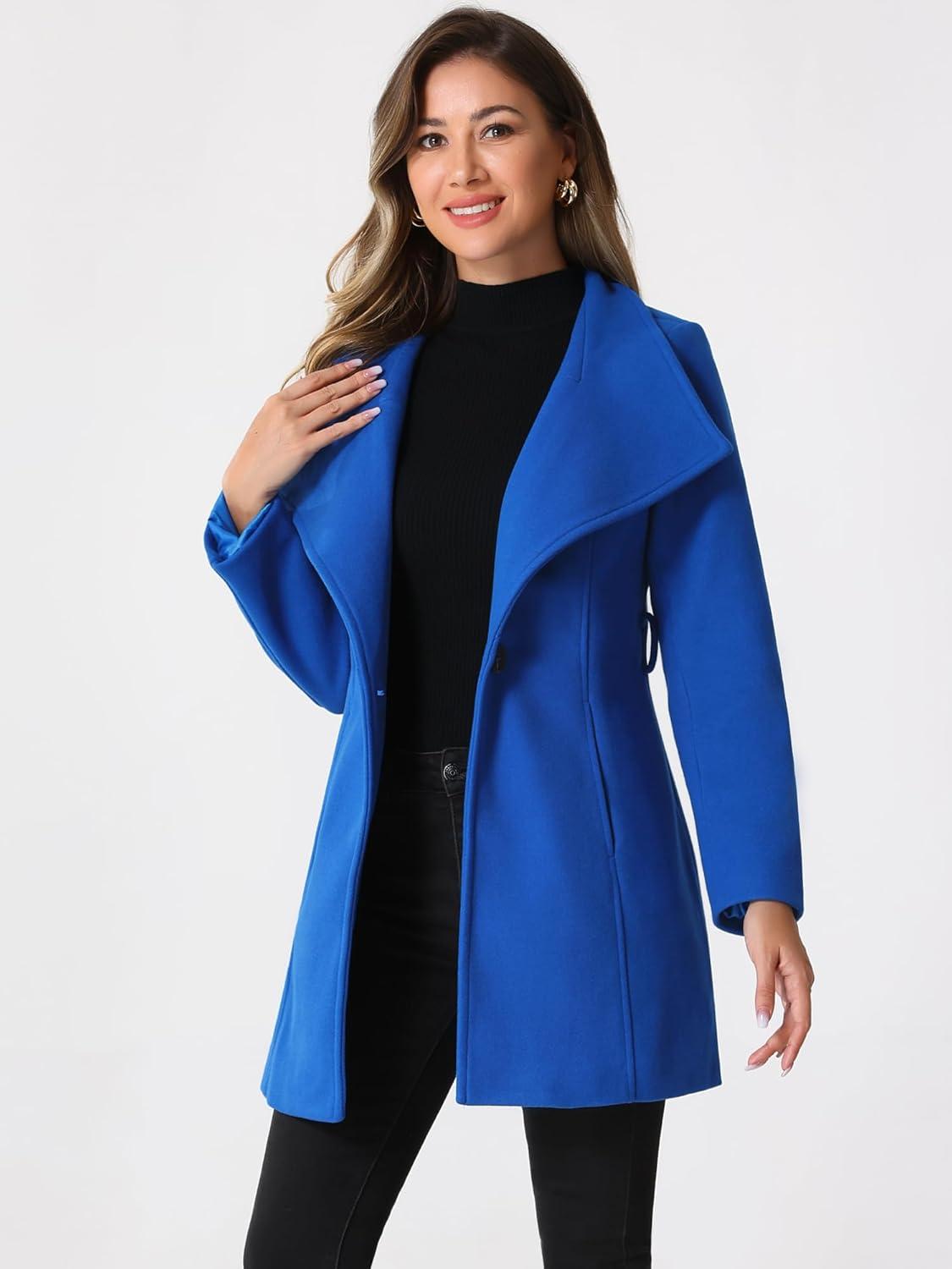 imageAllegra K Womens Classic Stand Collar Outwear Overcoat Long Sleeve Winter Belted Pea CoatBlue
