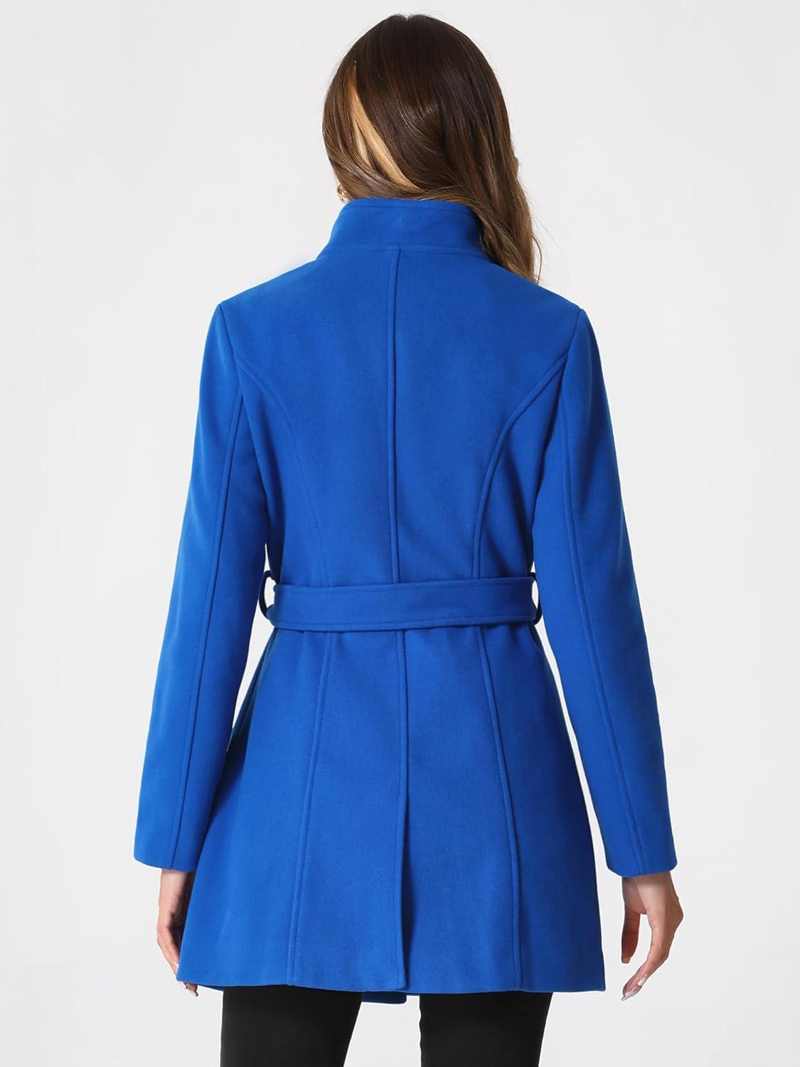imageAllegra K Womens Classic Stand Collar Outwear Overcoat Long Sleeve Winter Belted Pea CoatBlue
