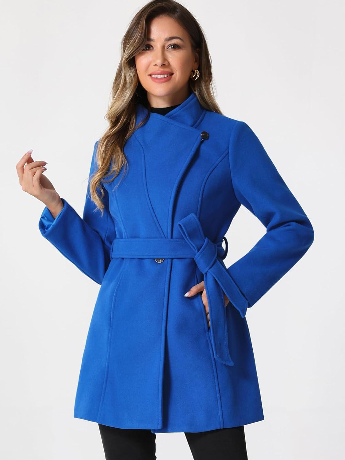 imageAllegra K Womens Classic Stand Collar Outwear Overcoat Long Sleeve Winter Belted Pea CoatBlue
