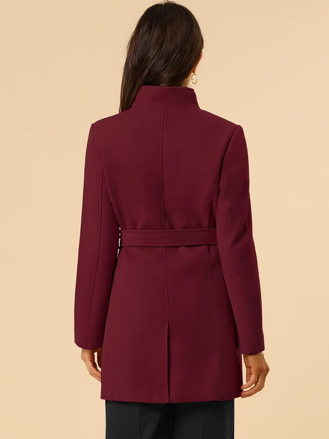 imageAllegra K Womens Classic Stand Collar Outwear Overcoat Long Sleeve Winter Belted Pea CoatBurgundy