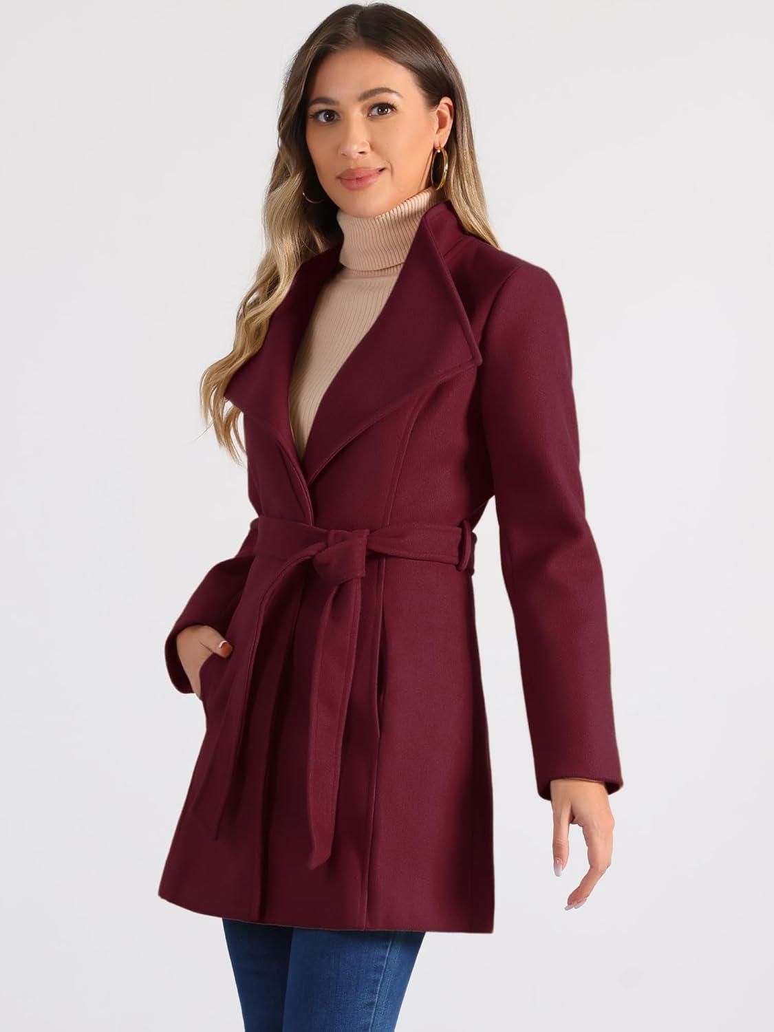 imageAllegra K Womens Classic Stand Collar Outwear Overcoat Long Sleeve Winter Belted Pea CoatBurgundy