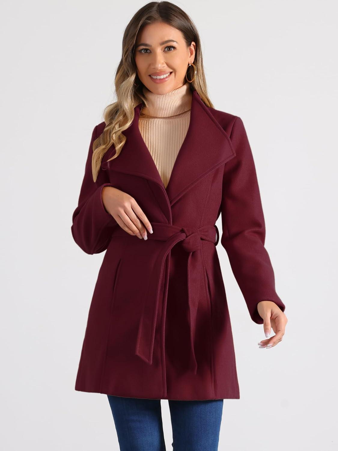 imageAllegra K Womens Classic Stand Collar Outwear Overcoat Long Sleeve Winter Belted Pea CoatBurgundy