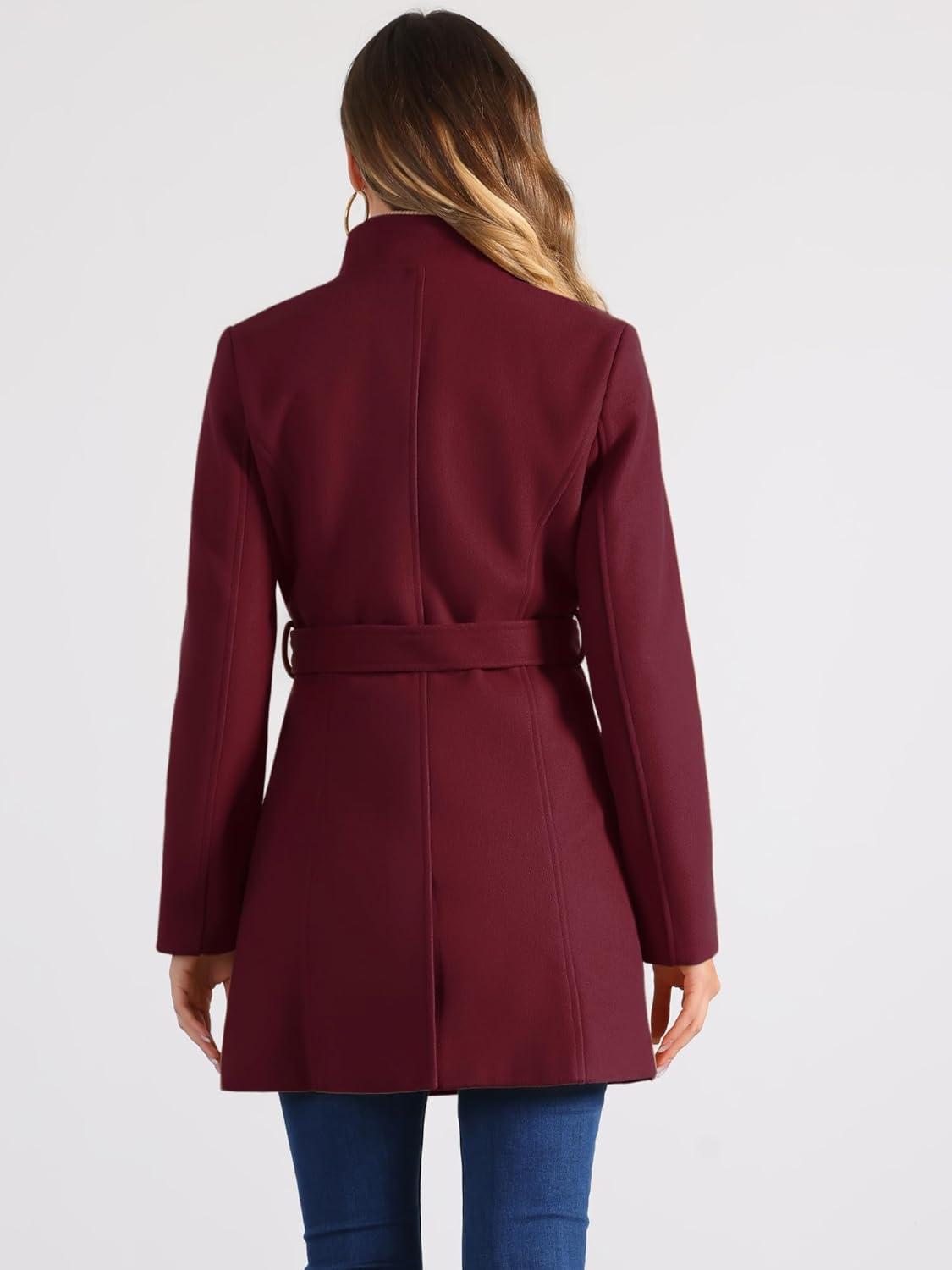 imageAllegra K Womens Classic Stand Collar Outwear Overcoat Long Sleeve Winter Belted Pea CoatBurgundy