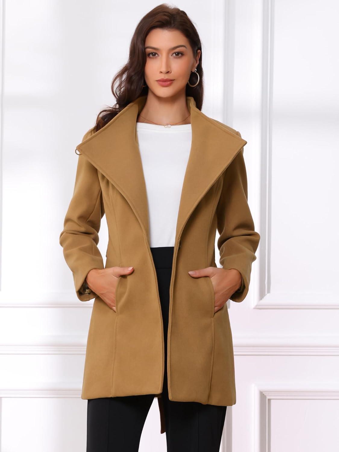 imageAllegra K Womens Classic Stand Collar Outwear Overcoat Long Sleeve Winter Belted Pea CoatCamel