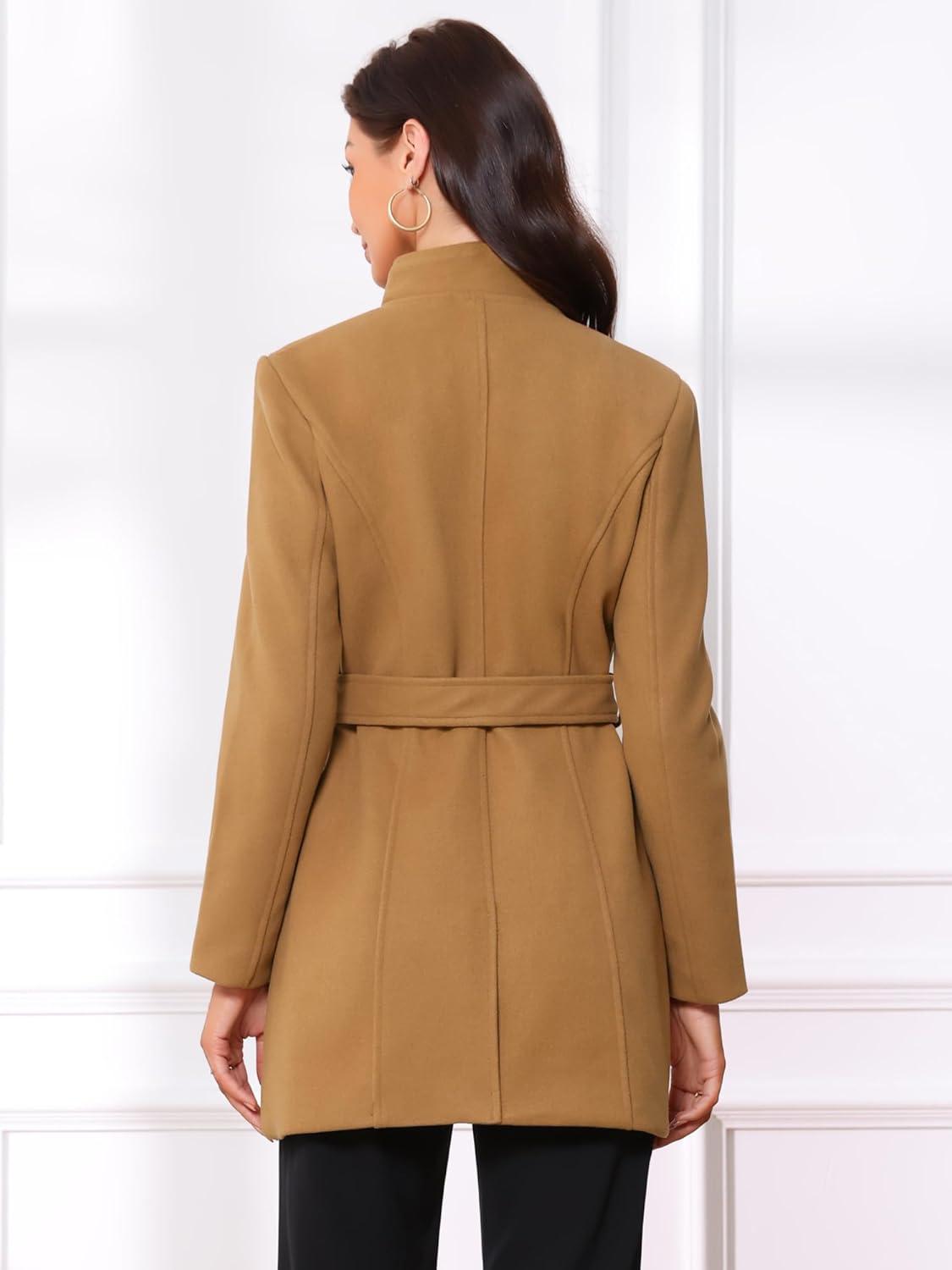 imageAllegra K Womens Classic Stand Collar Outwear Overcoat Long Sleeve Winter Belted Pea CoatCamel