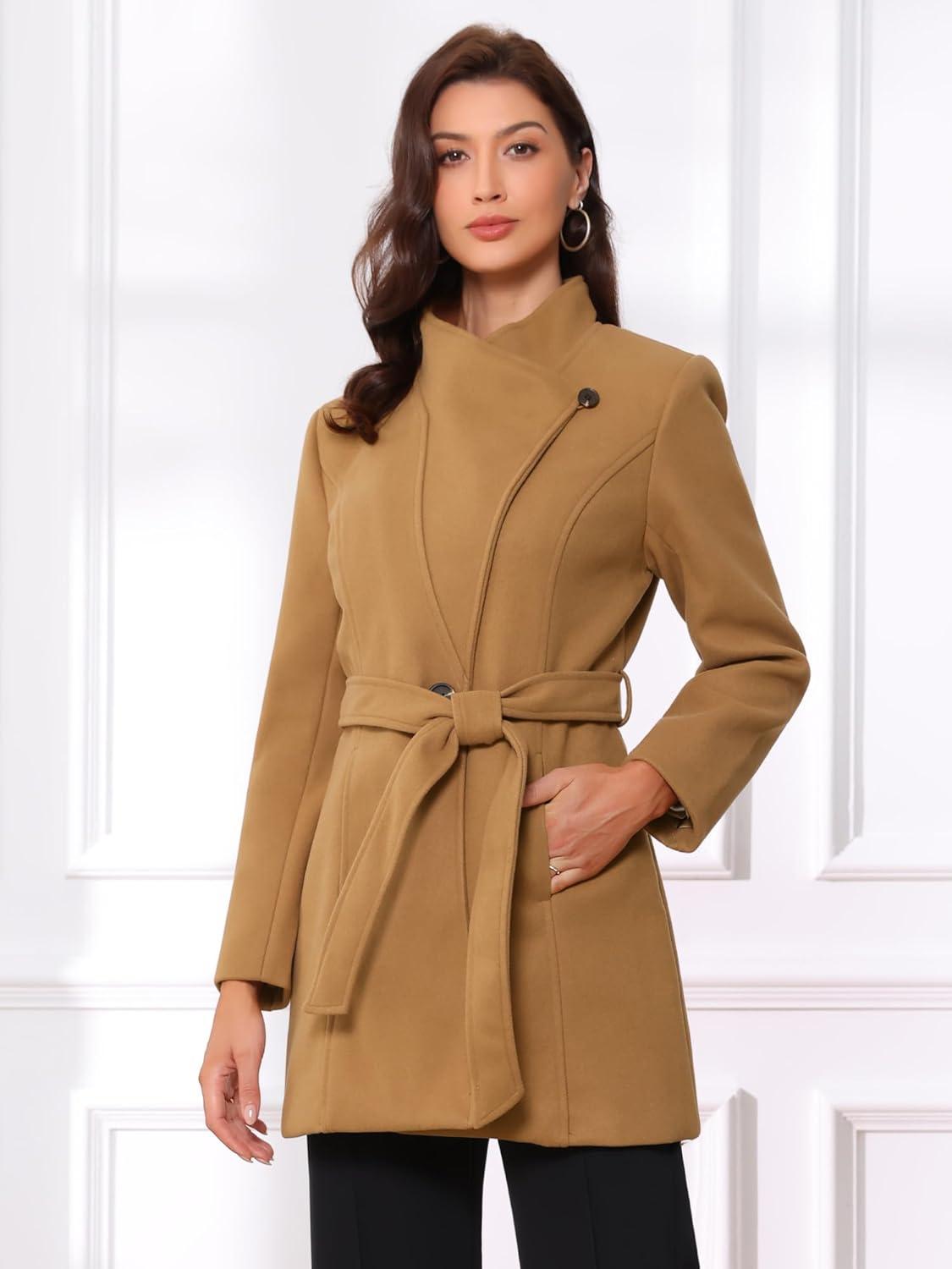 imageAllegra K Womens Classic Stand Collar Outwear Overcoat Long Sleeve Winter Belted Pea CoatCamel