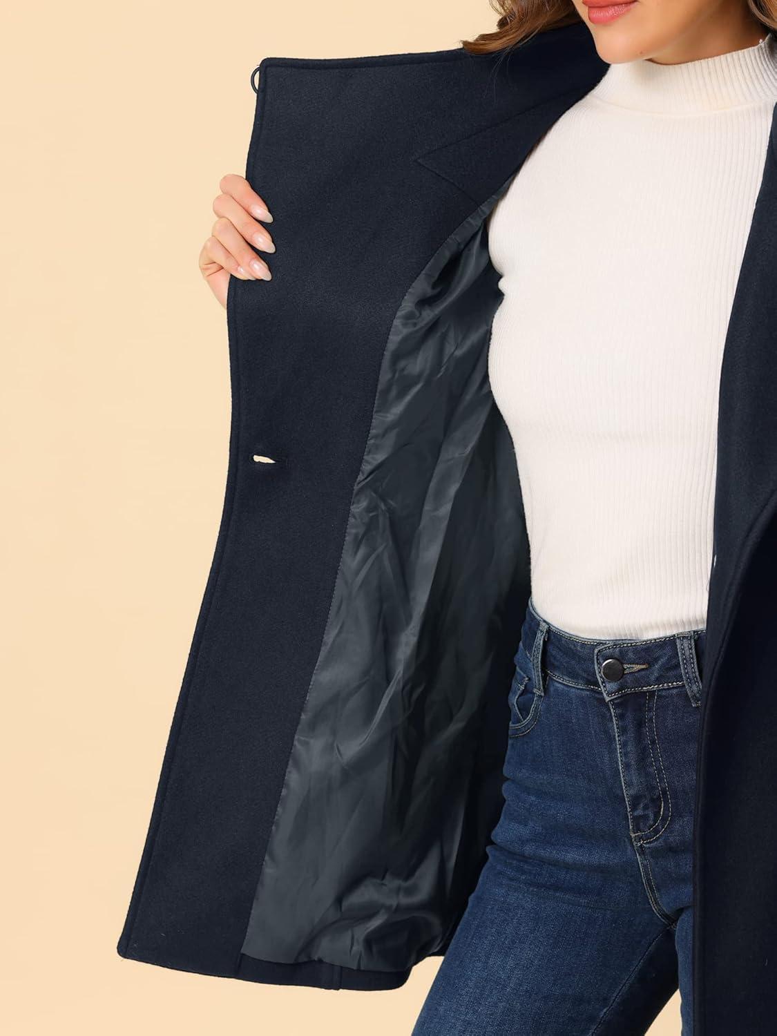 imageAllegra K Womens Classic Stand Collar Outwear Overcoat Long Sleeve Winter Belted Pea CoatDark Blue