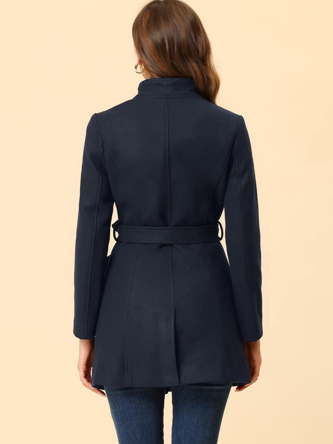 imageAllegra K Womens Classic Stand Collar Outwear Overcoat Long Sleeve Winter Belted Pea CoatDark Blue