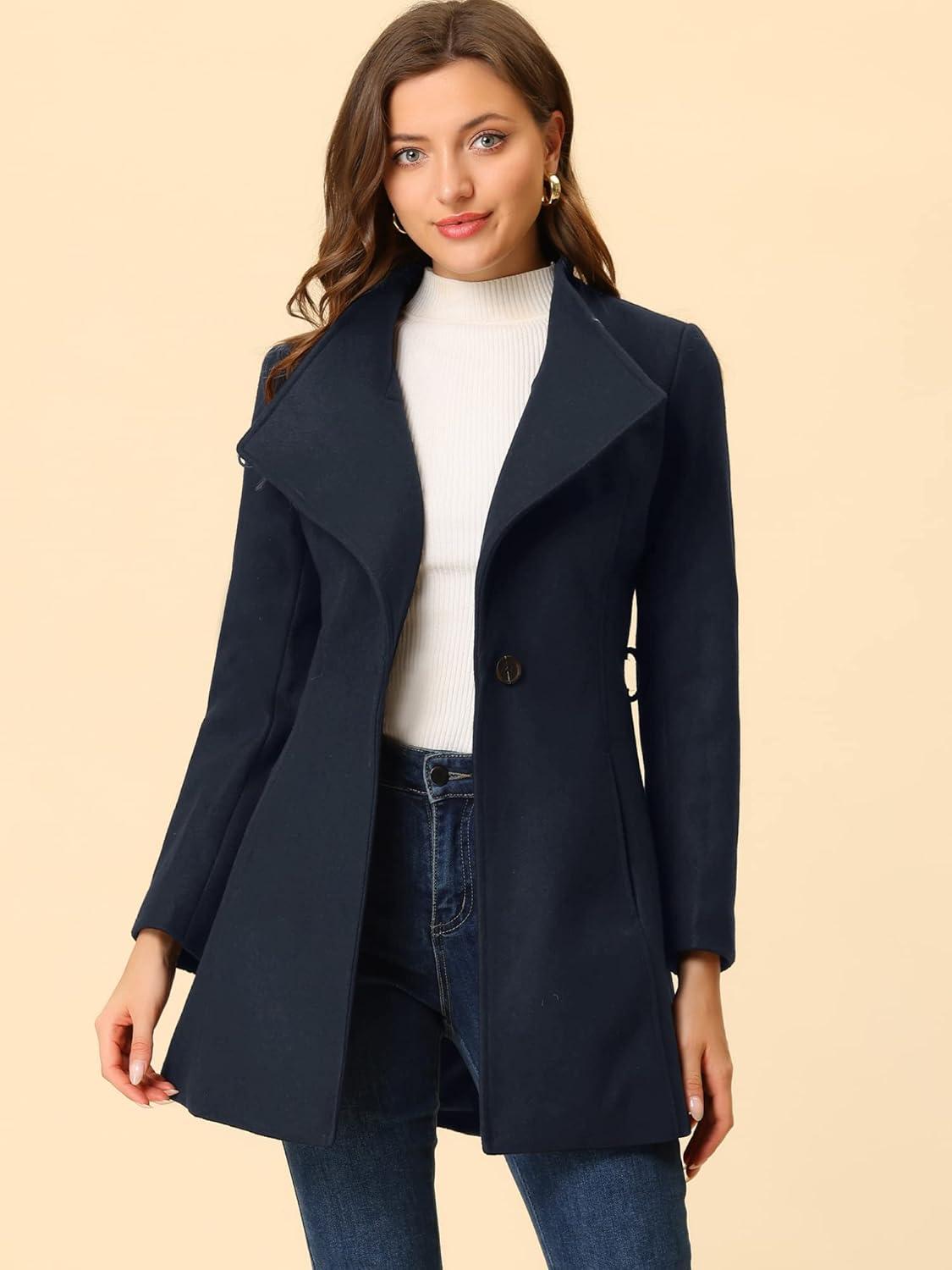 imageAllegra K Womens Classic Stand Collar Outwear Overcoat Long Sleeve Winter Belted Pea CoatDark Blue