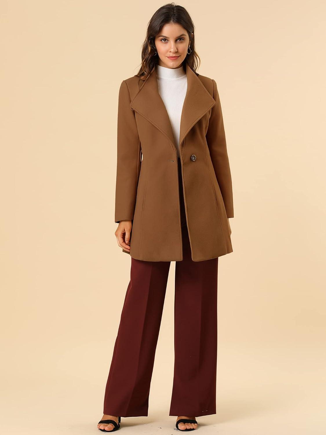 imageAllegra K Womens Classic Stand Collar Outwear Overcoat Long Sleeve Winter Belted Pea CoatDark Brown