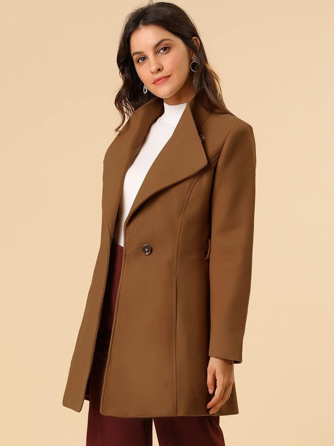 imageAllegra K Womens Classic Stand Collar Outwear Overcoat Long Sleeve Winter Belted Pea CoatDark Brown