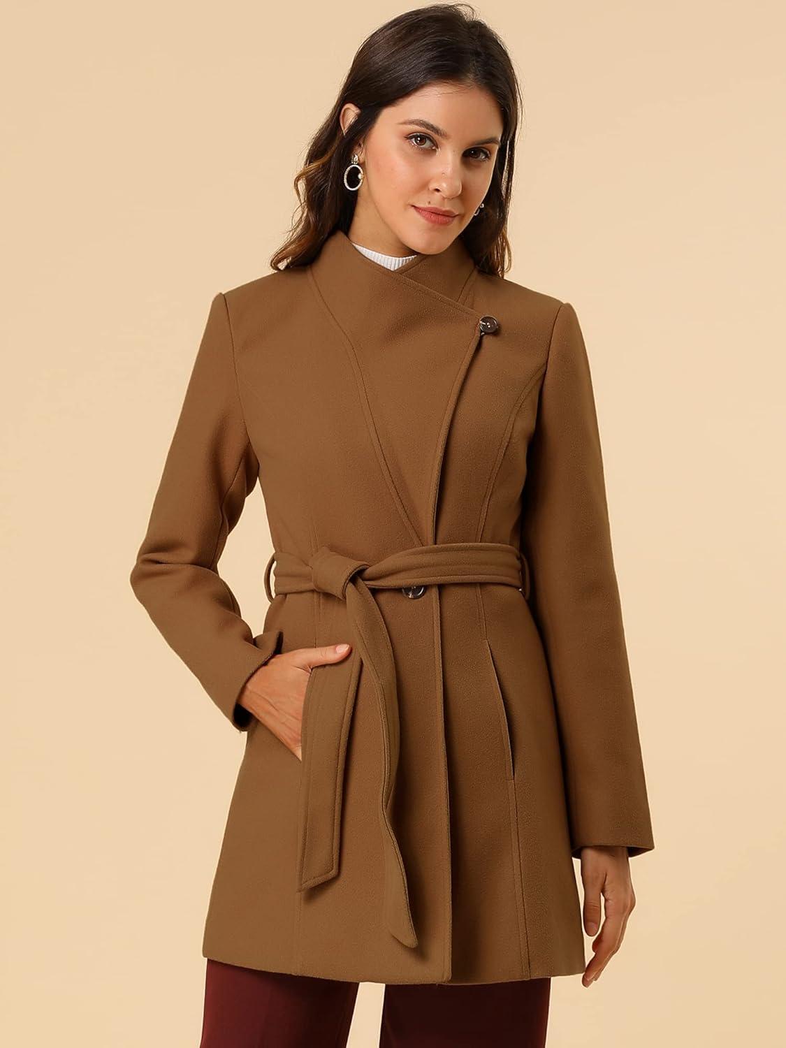 imageAllegra K Womens Classic Stand Collar Outwear Overcoat Long Sleeve Winter Belted Pea CoatDark Brown