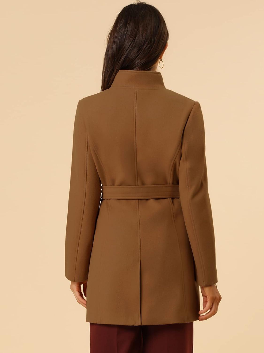 imageAllegra K Womens Classic Stand Collar Outwear Overcoat Long Sleeve Winter Belted Pea CoatDark Brown