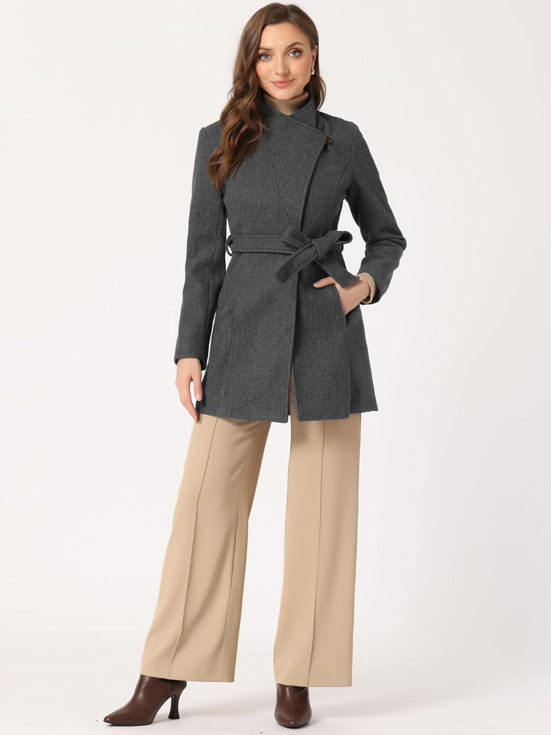 imageAllegra K Womens Classic Stand Collar Outwear Overcoat Long Sleeve Winter Belted Pea CoatDark Gray