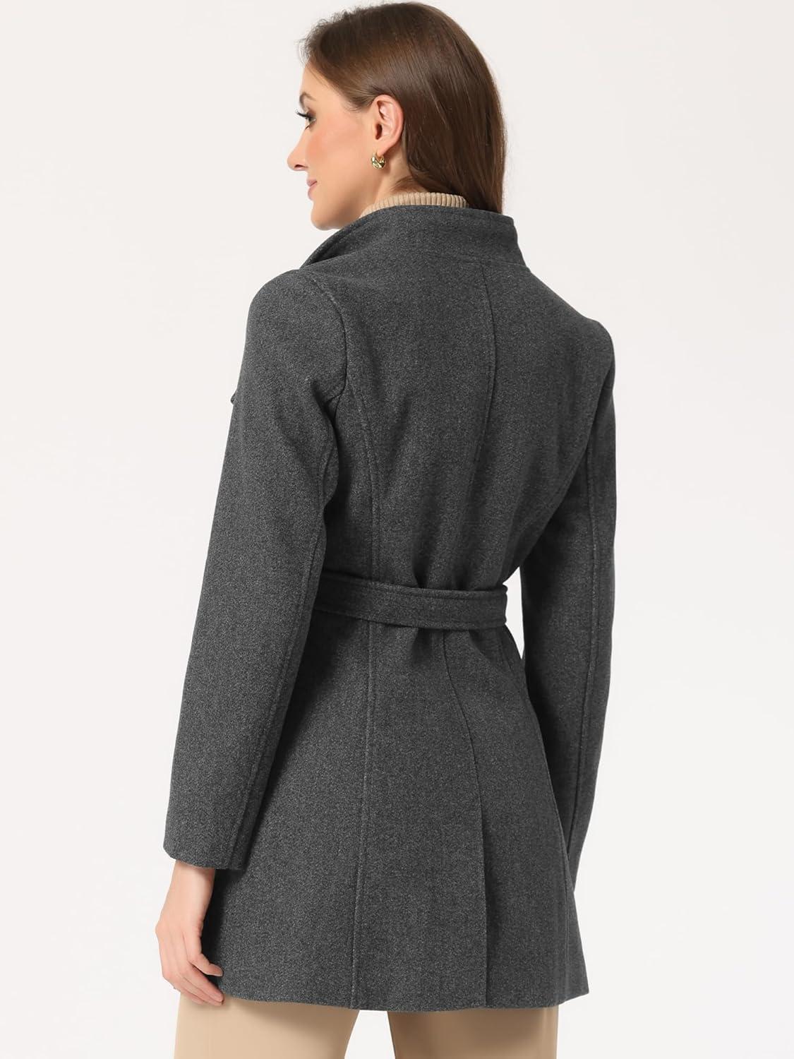 imageAllegra K Womens Classic Stand Collar Outwear Overcoat Long Sleeve Winter Belted Pea CoatDark Gray