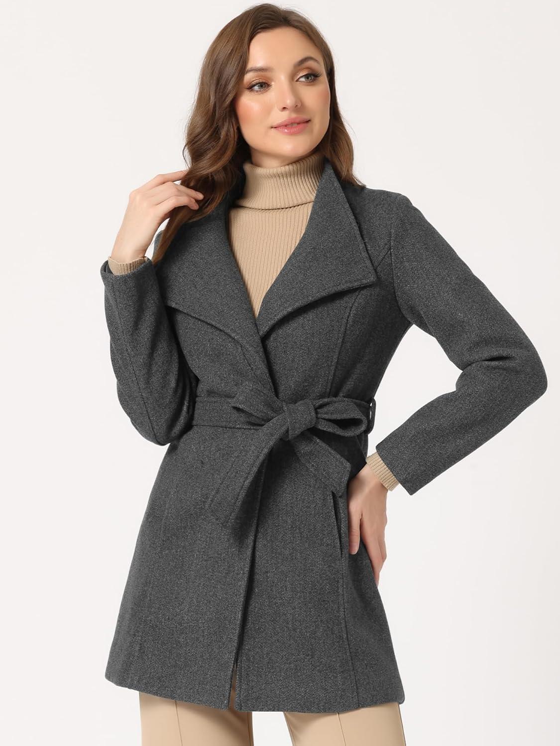 imageAllegra K Womens Classic Stand Collar Outwear Overcoat Long Sleeve Winter Belted Pea CoatDark Gray