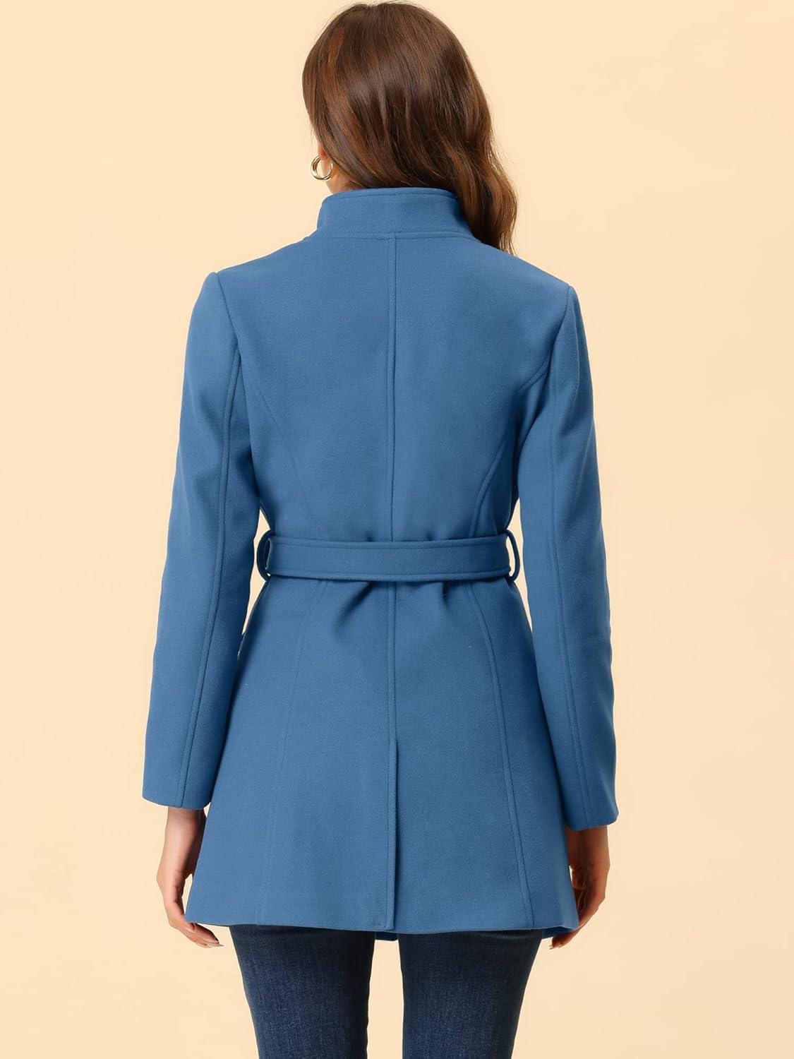 imageAllegra K Womens Classic Stand Collar Outwear Overcoat Long Sleeve Winter Belted Pea CoatDark Grey Blue