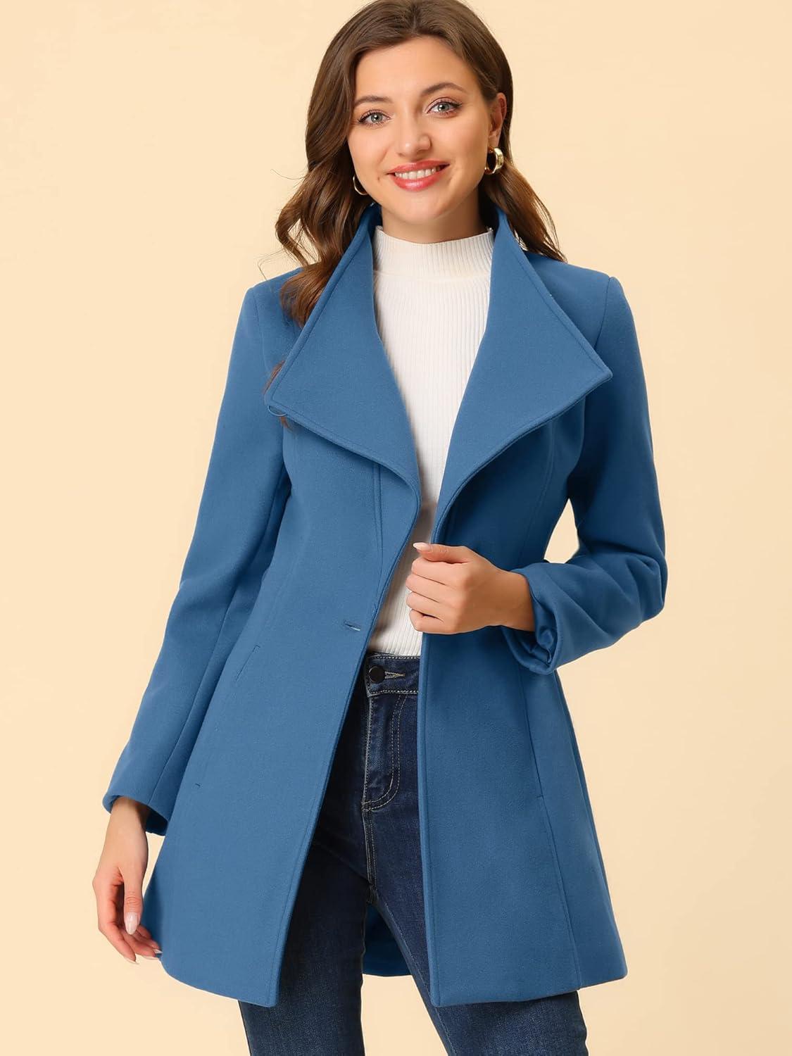 imageAllegra K Womens Classic Stand Collar Outwear Overcoat Long Sleeve Winter Belted Pea CoatDark Grey Blue