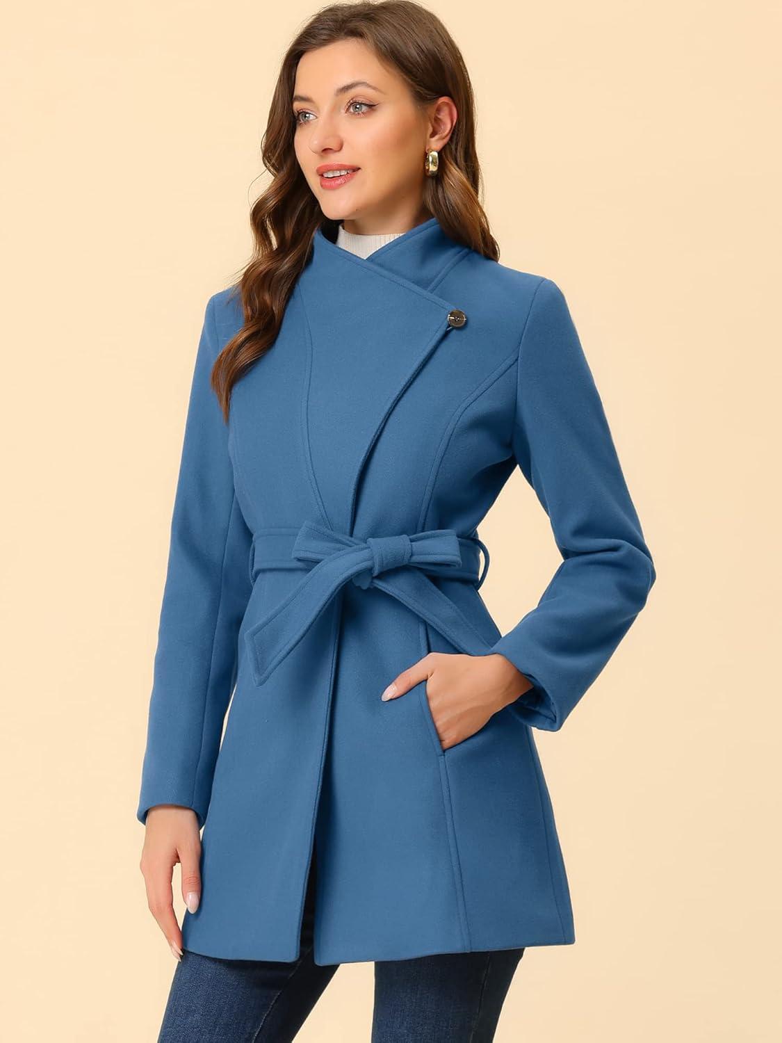 imageAllegra K Womens Classic Stand Collar Outwear Overcoat Long Sleeve Winter Belted Pea CoatDark Grey Blue