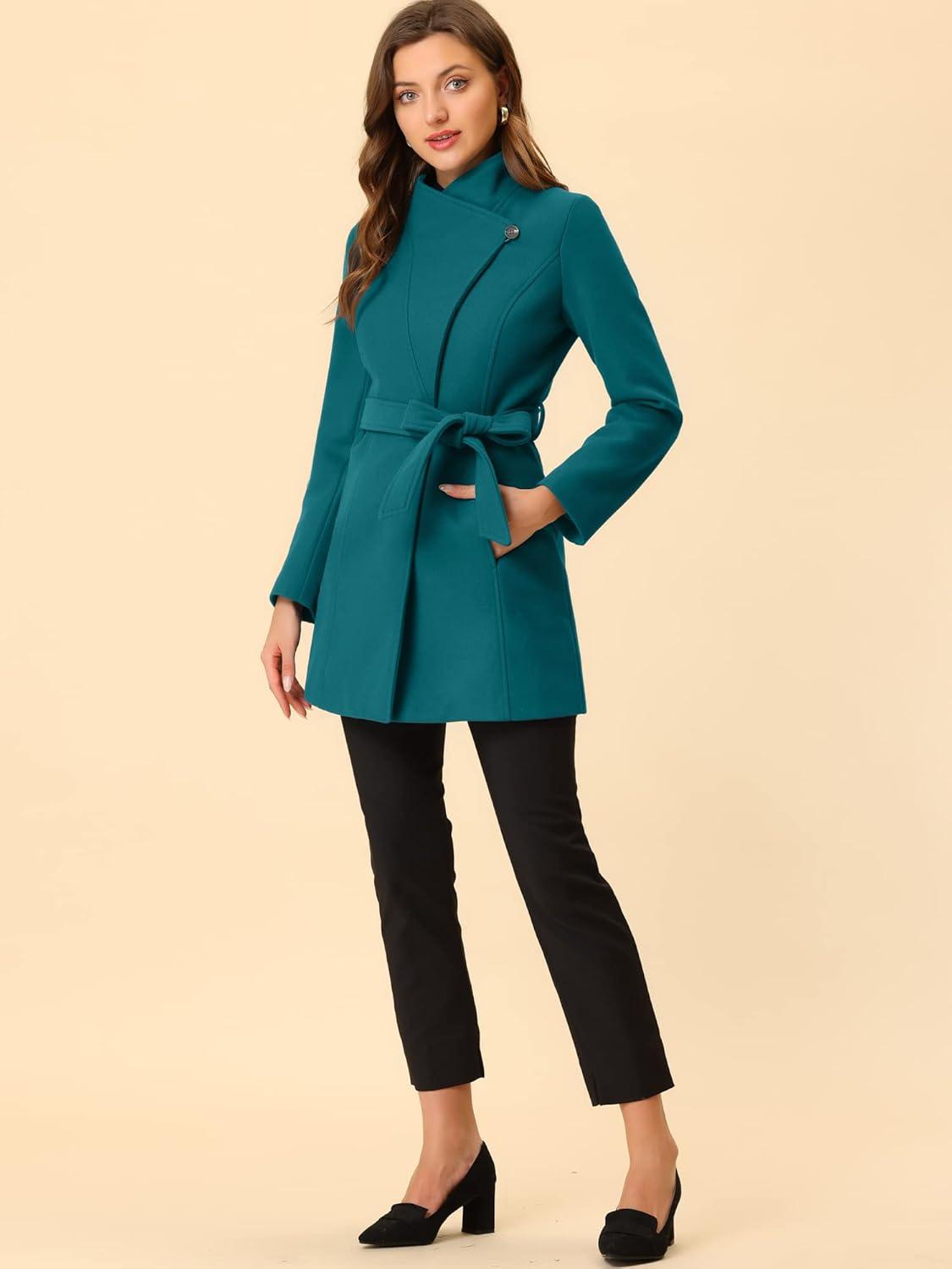 imageAllegra K Womens Classic Stand Collar Outwear Overcoat Long Sleeve Winter Belted Pea CoatDark Lake Blue