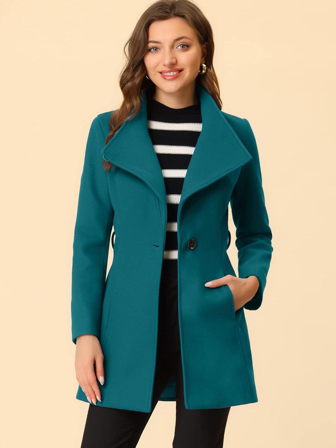 imageAllegra K Womens Classic Stand Collar Outwear Overcoat Long Sleeve Winter Belted Pea CoatDark Lake Blue