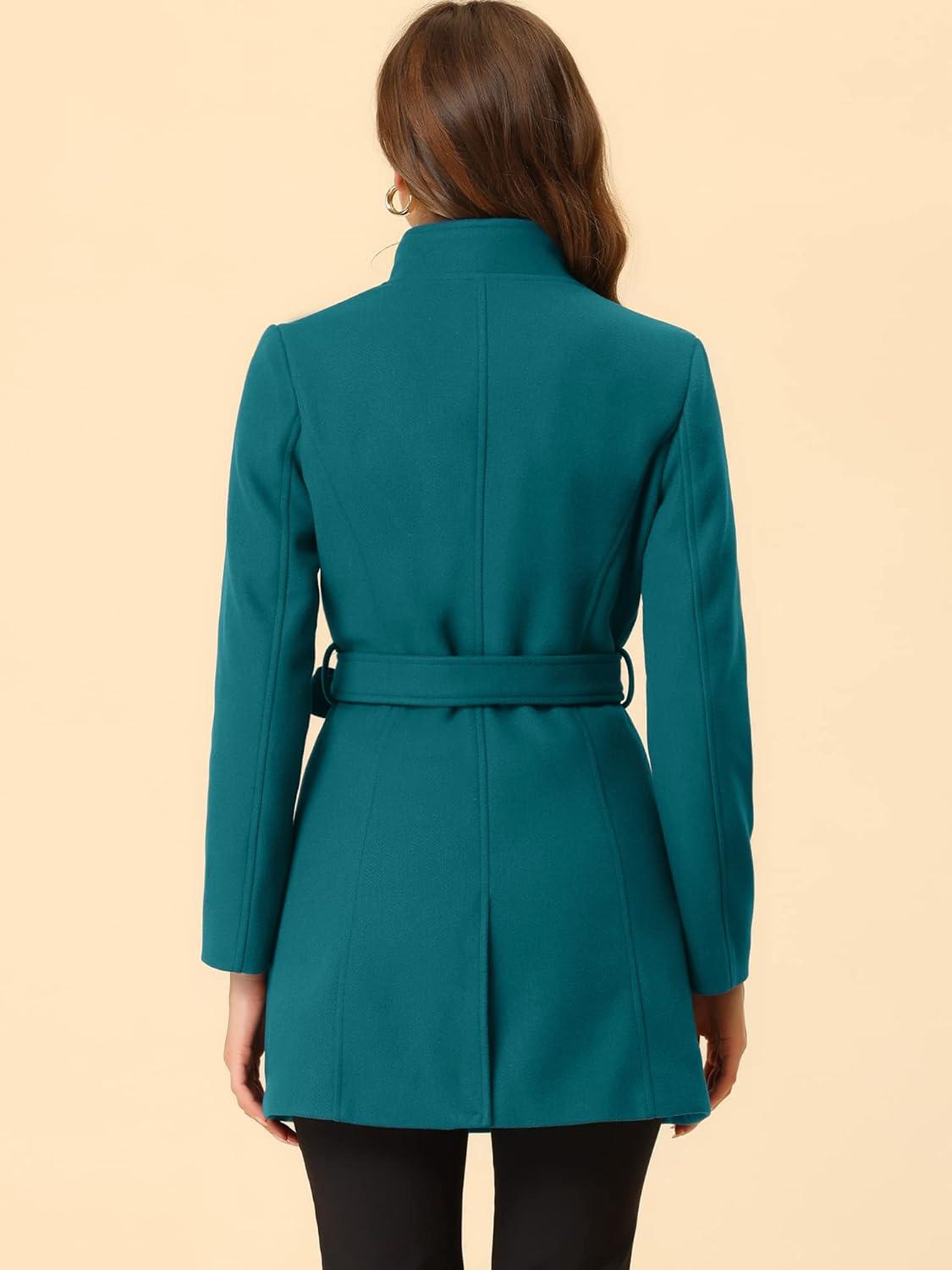 imageAllegra K Womens Classic Stand Collar Outwear Overcoat Long Sleeve Winter Belted Pea CoatDark Lake Blue