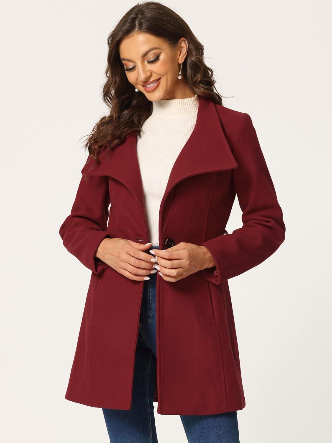 imageAllegra K Womens Classic Stand Collar Outwear Overcoat Long Sleeve Winter Belted Pea CoatDark Red