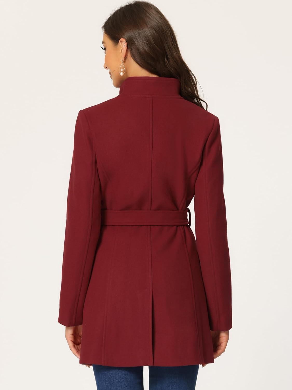 imageAllegra K Womens Classic Stand Collar Outwear Overcoat Long Sleeve Winter Belted Pea CoatDark Red