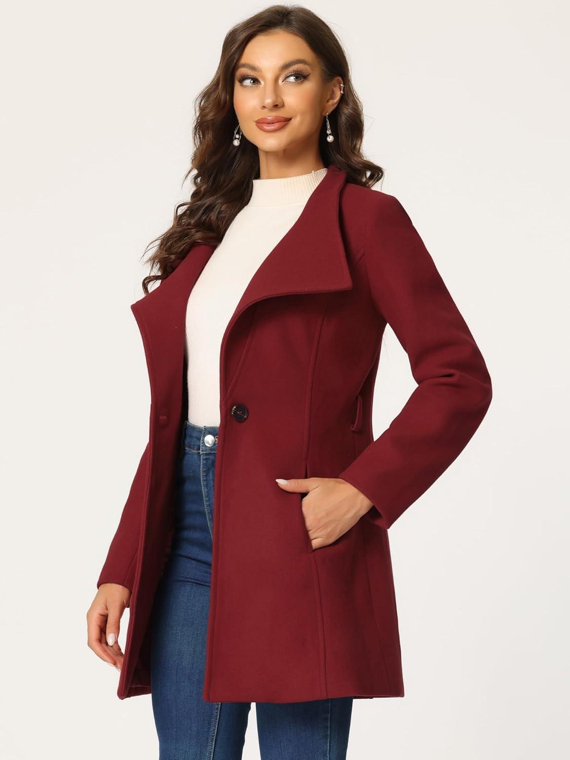 imageAllegra K Womens Classic Stand Collar Outwear Overcoat Long Sleeve Winter Belted Pea CoatDark Red