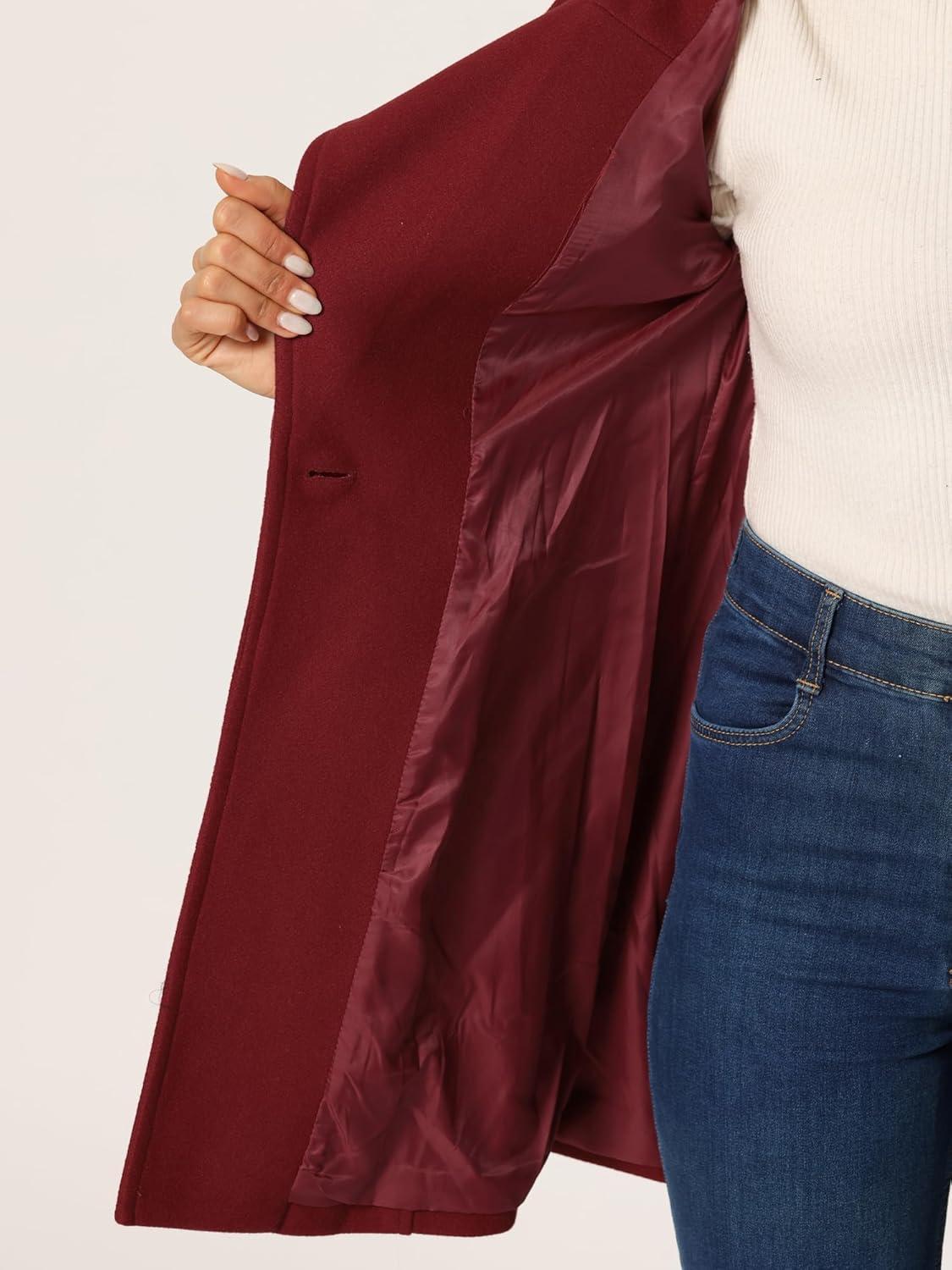 imageAllegra K Womens Classic Stand Collar Outwear Overcoat Long Sleeve Winter Belted Pea CoatDark Red