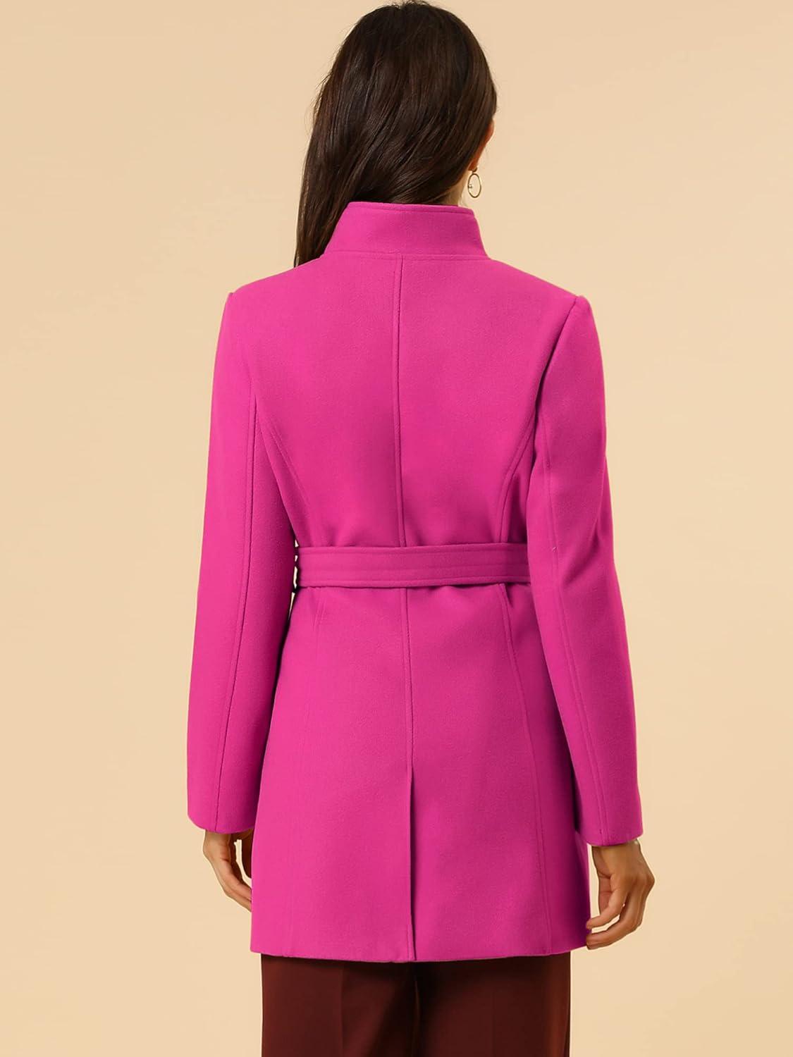 imageAllegra K Womens Classic Stand Collar Outwear Overcoat Long Sleeve Winter Belted Pea CoatFuchsia
