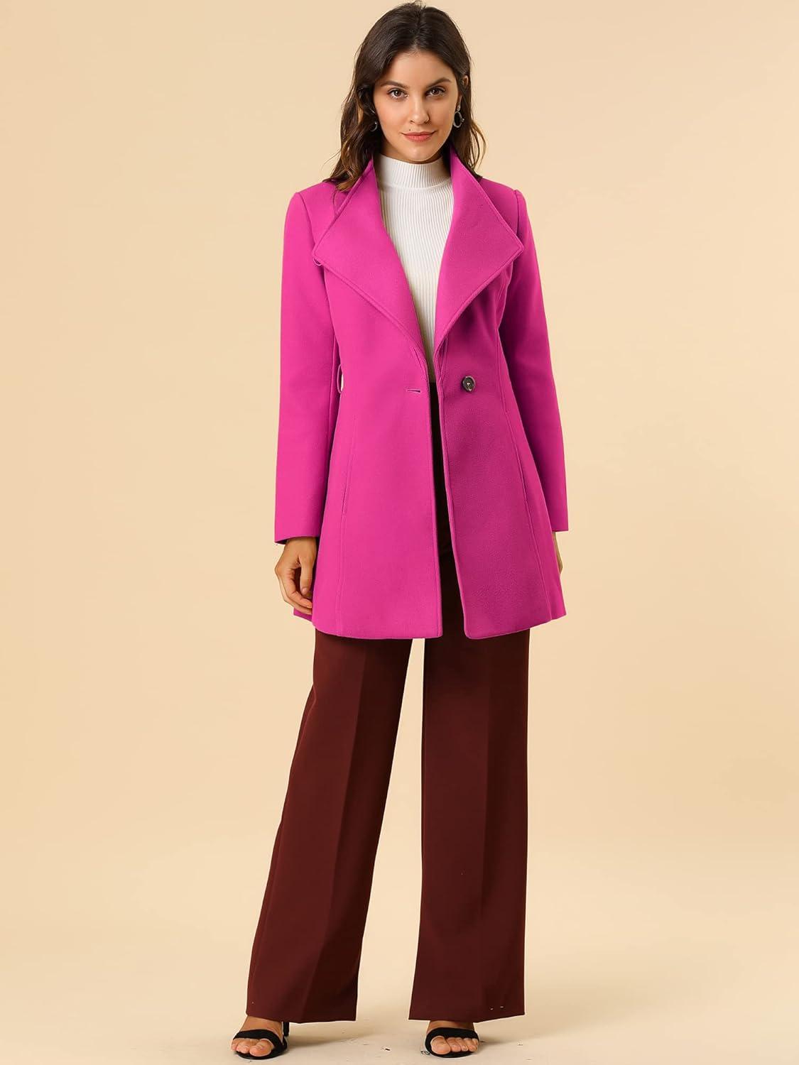 imageAllegra K Womens Classic Stand Collar Outwear Overcoat Long Sleeve Winter Belted Pea CoatFuchsia