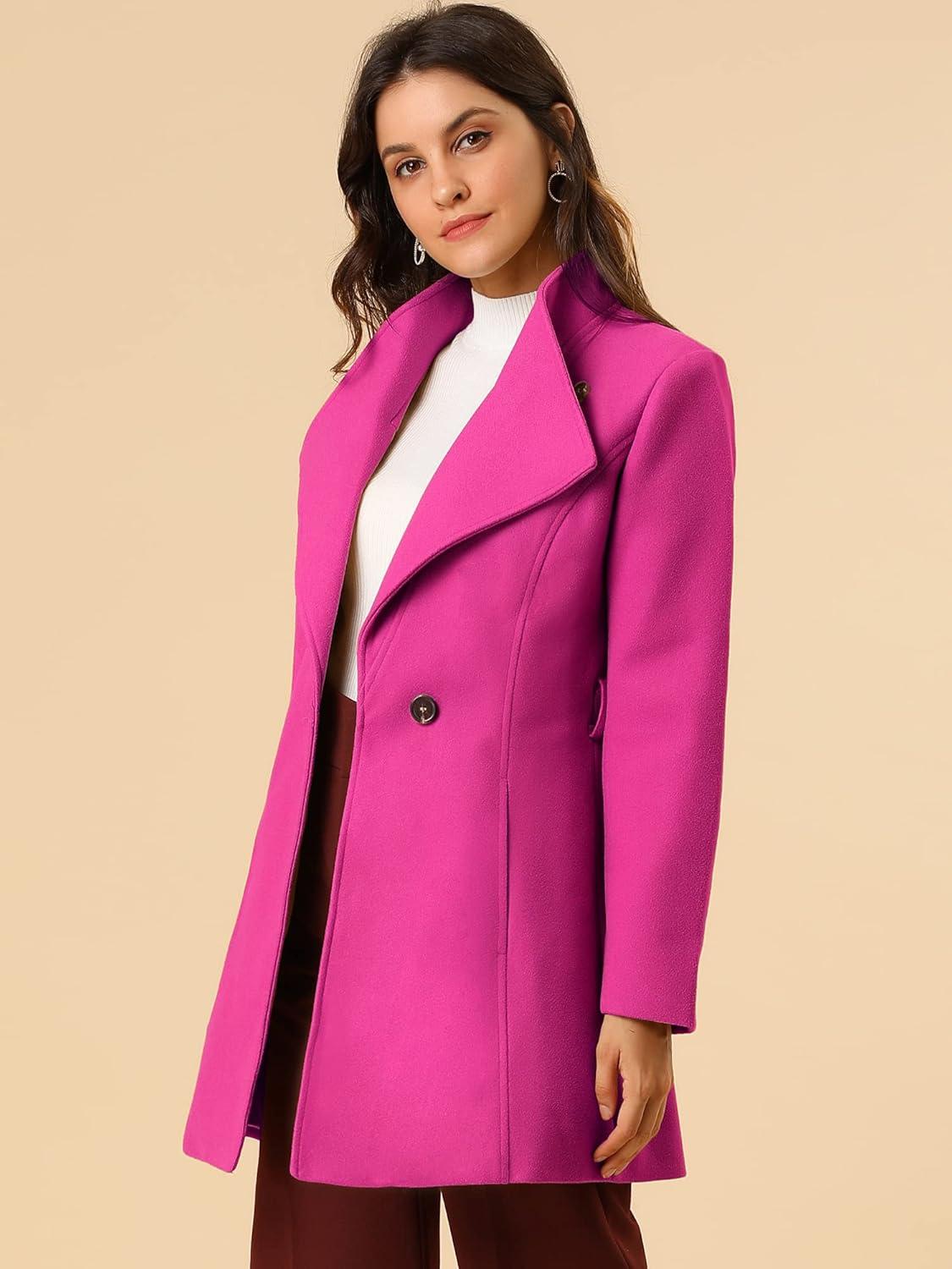 imageAllegra K Womens Classic Stand Collar Outwear Overcoat Long Sleeve Winter Belted Pea CoatFuchsia