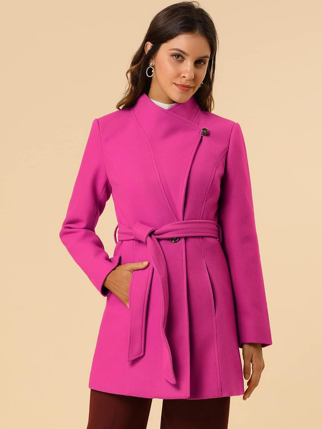 imageAllegra K Womens Classic Stand Collar Outwear Overcoat Long Sleeve Winter Belted Pea CoatFuchsia