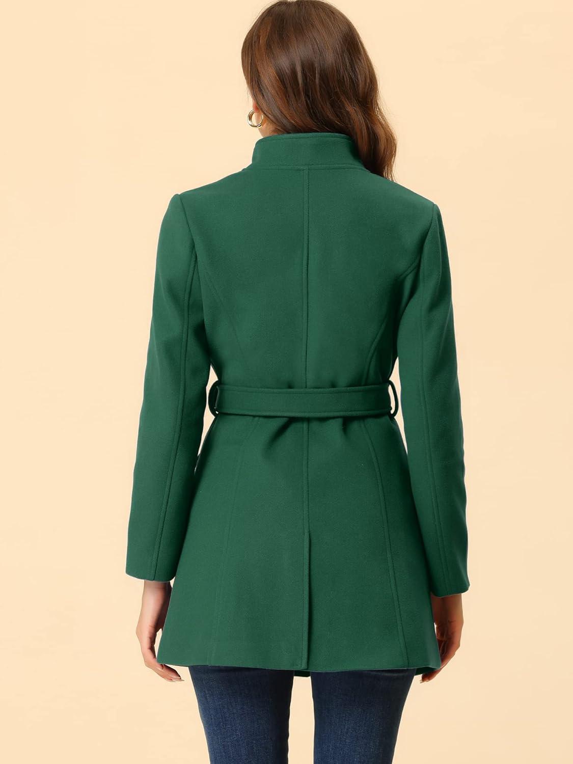 imageAllegra K Womens Classic Stand Collar Outwear Overcoat Long Sleeve Winter Belted Pea CoatGreen