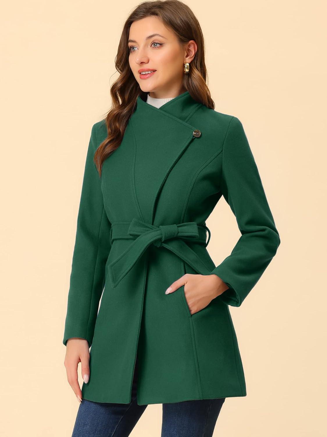imageAllegra K Womens Classic Stand Collar Outwear Overcoat Long Sleeve Winter Belted Pea CoatGreen