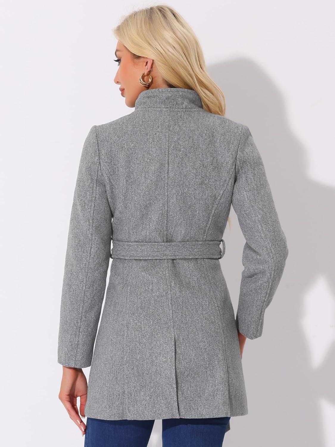imageAllegra K Womens Classic Stand Collar Outwear Overcoat Long Sleeve Winter Belted Pea CoatGrey